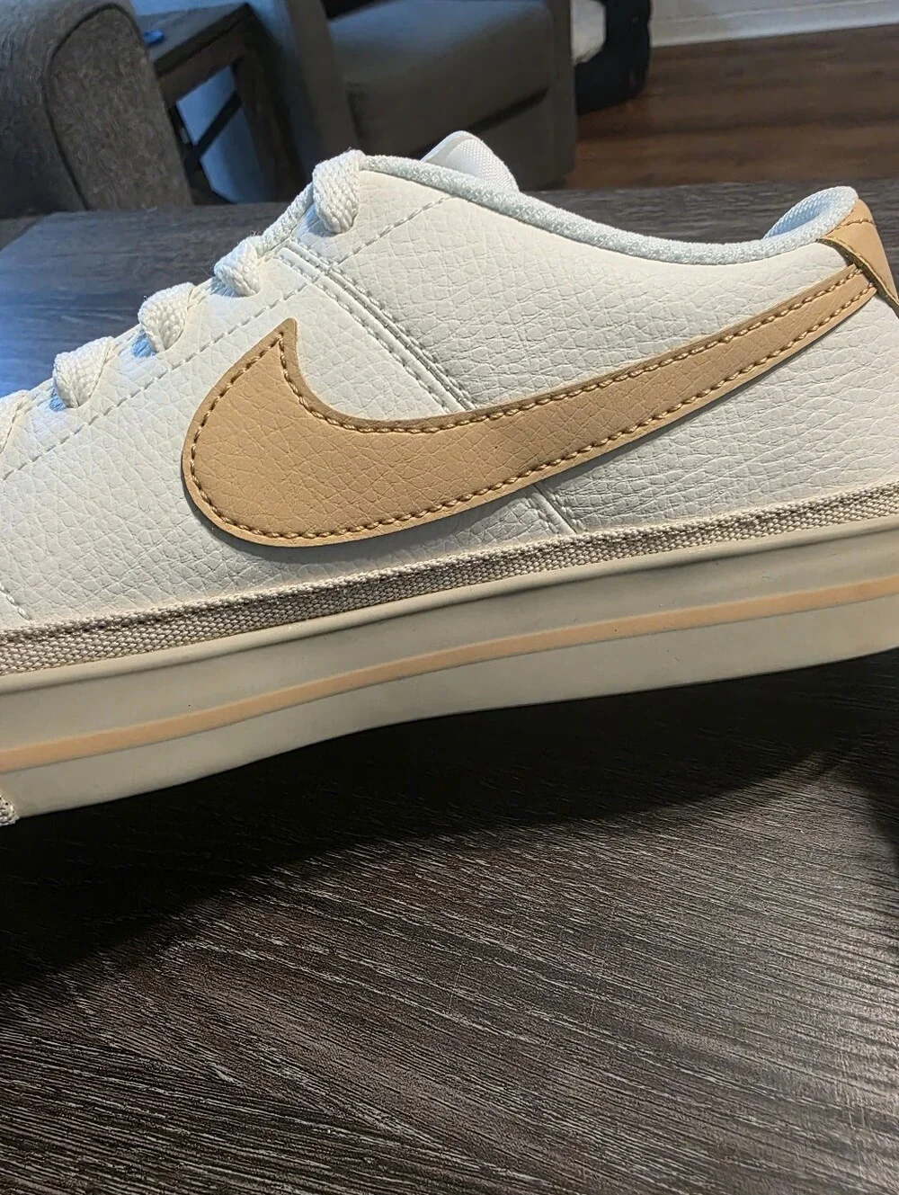 Nike Court Legacy-New- Women’s Cream-White Sneakers with Tan Swoosh